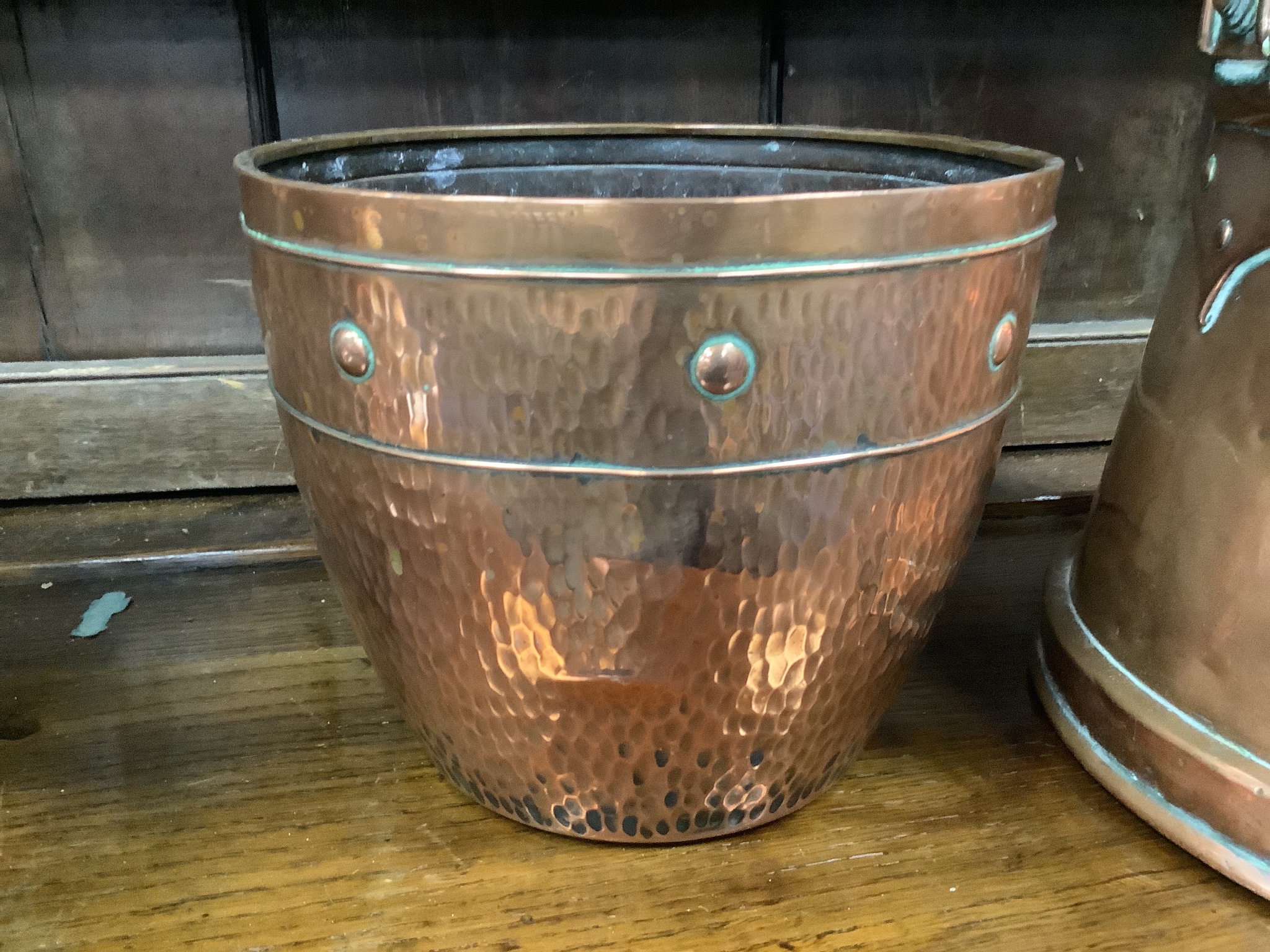 A Victorian copper coal scuttle, milk pail and two others
